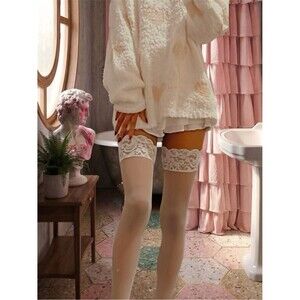 NWT Philippe Matignon Snow Lace Top Thigh High Stockings Size L